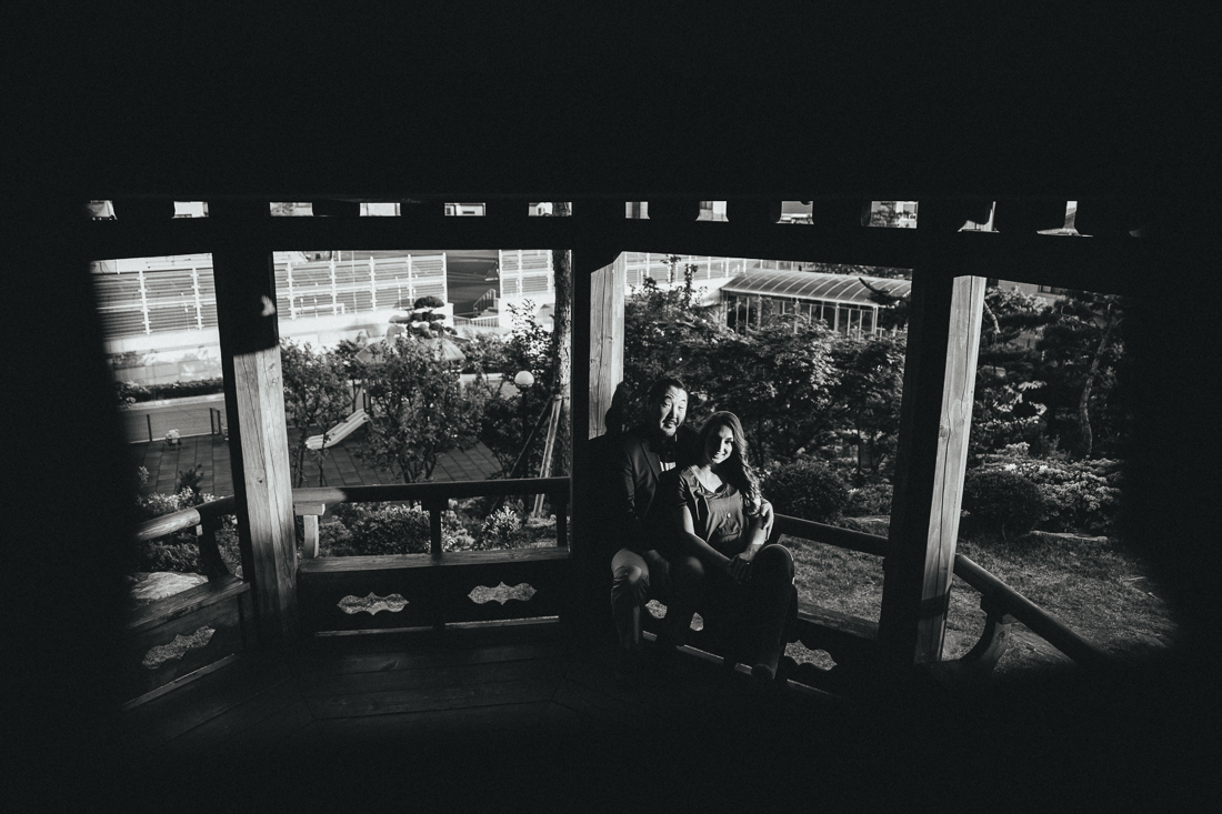 Tokyo prewedding portrait of couple inside of a pagoda