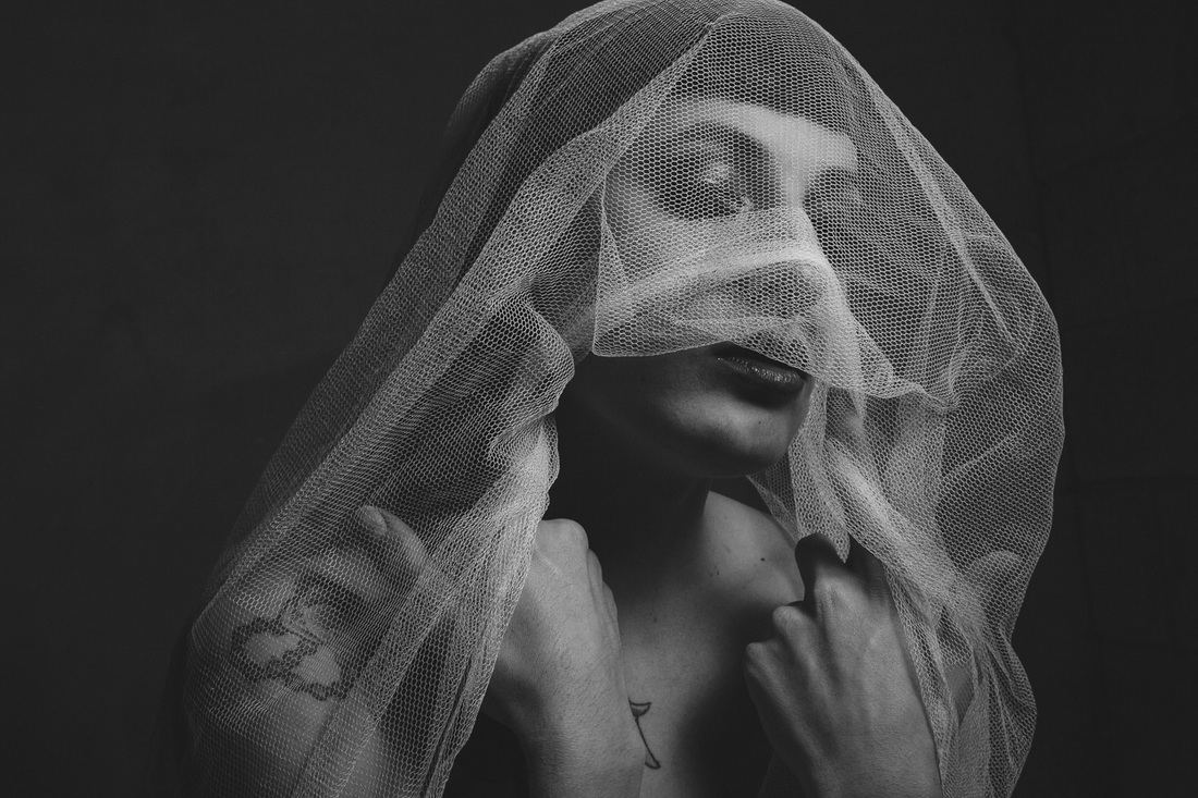 monochrome portrait of girl with veil